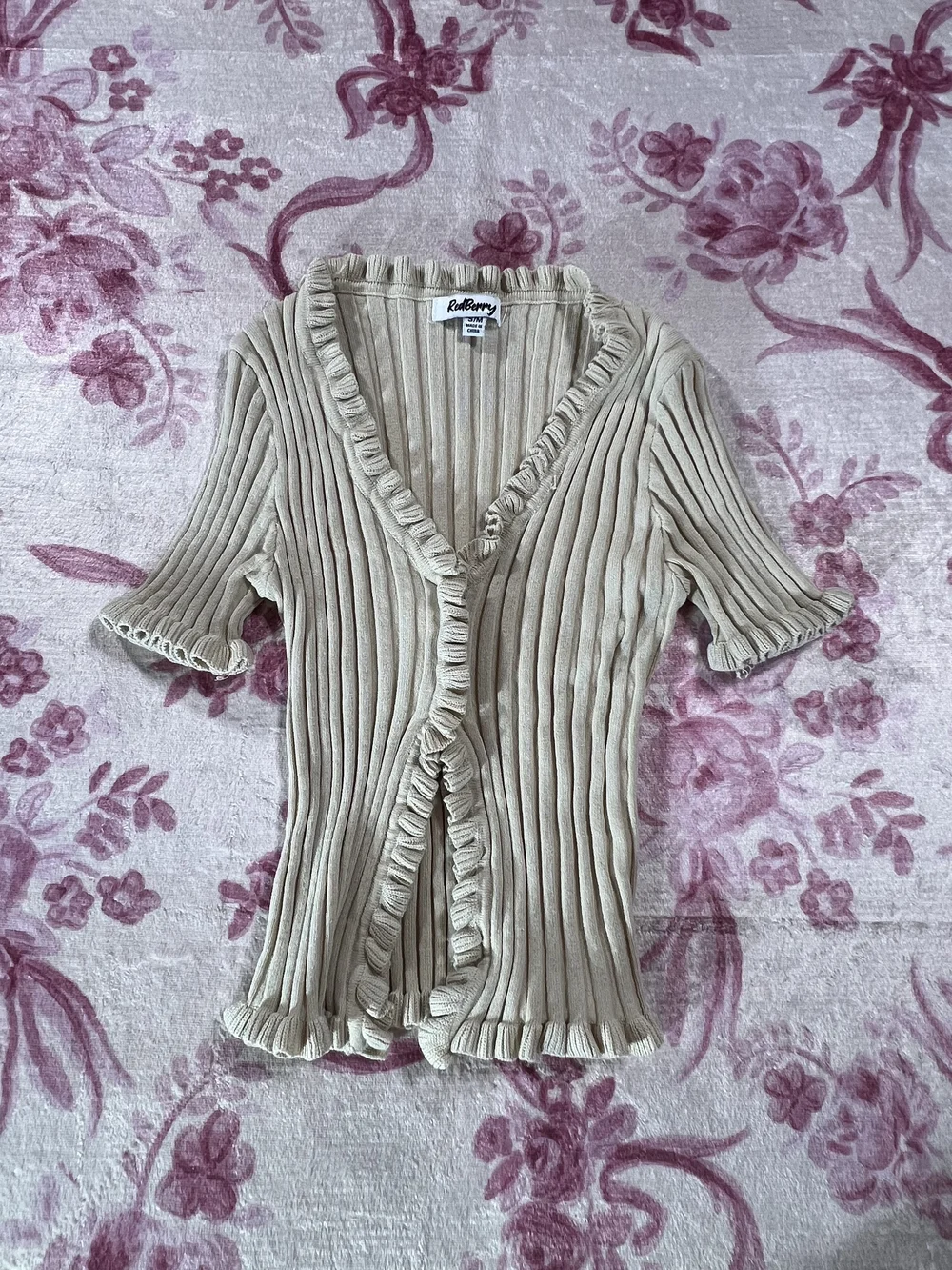 Ribbed Ruffle-Trim Beige Blouse - Picture 1 of 6